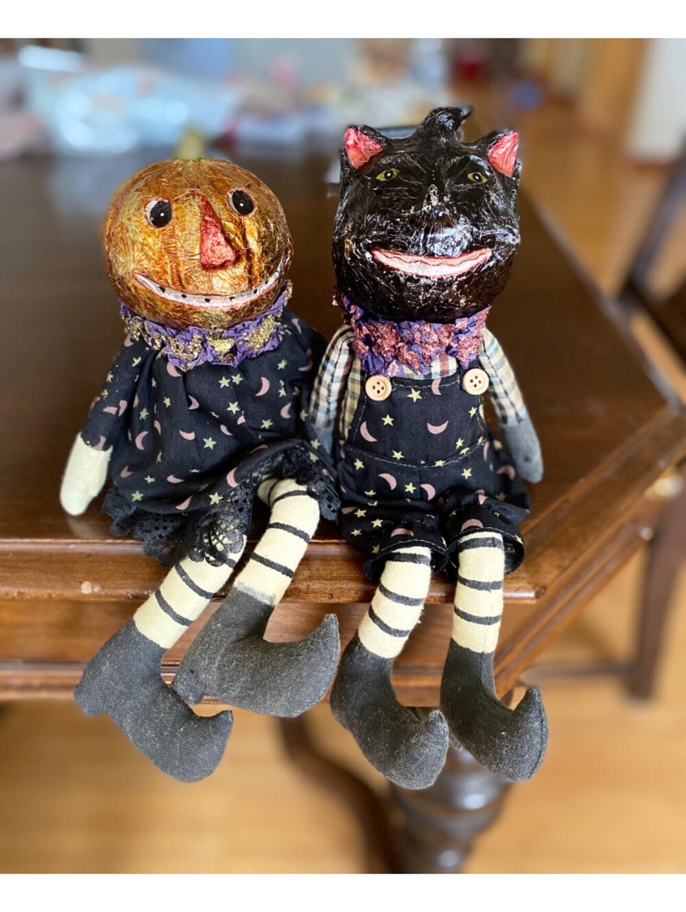 2 x Halloween Boy Cat & Girl Pumpkin Shelf Sitters Hand Made Possibly Foil Mache